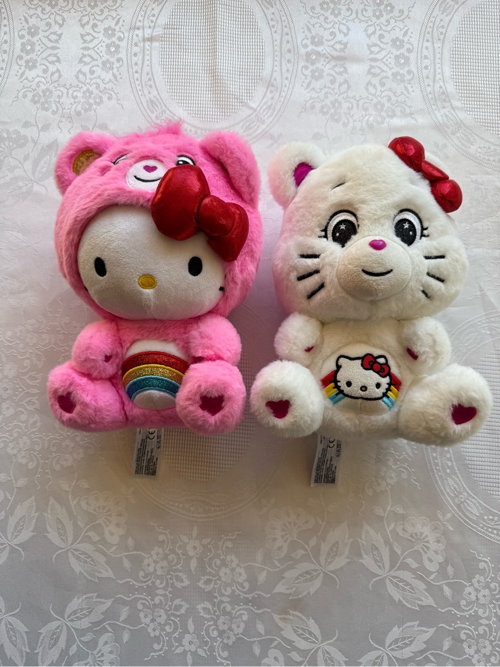 Care Bears x Hello Kitty Plush Toys Pair — Pink and White with Rainbow Details